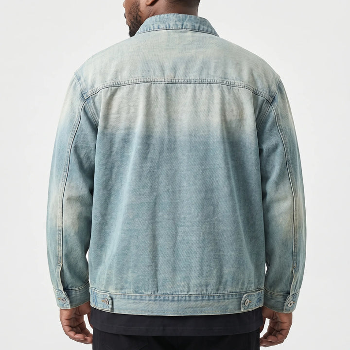 Stylish men's loose fit denim zip-up jacket for big & tall, ideal casual outerwear.