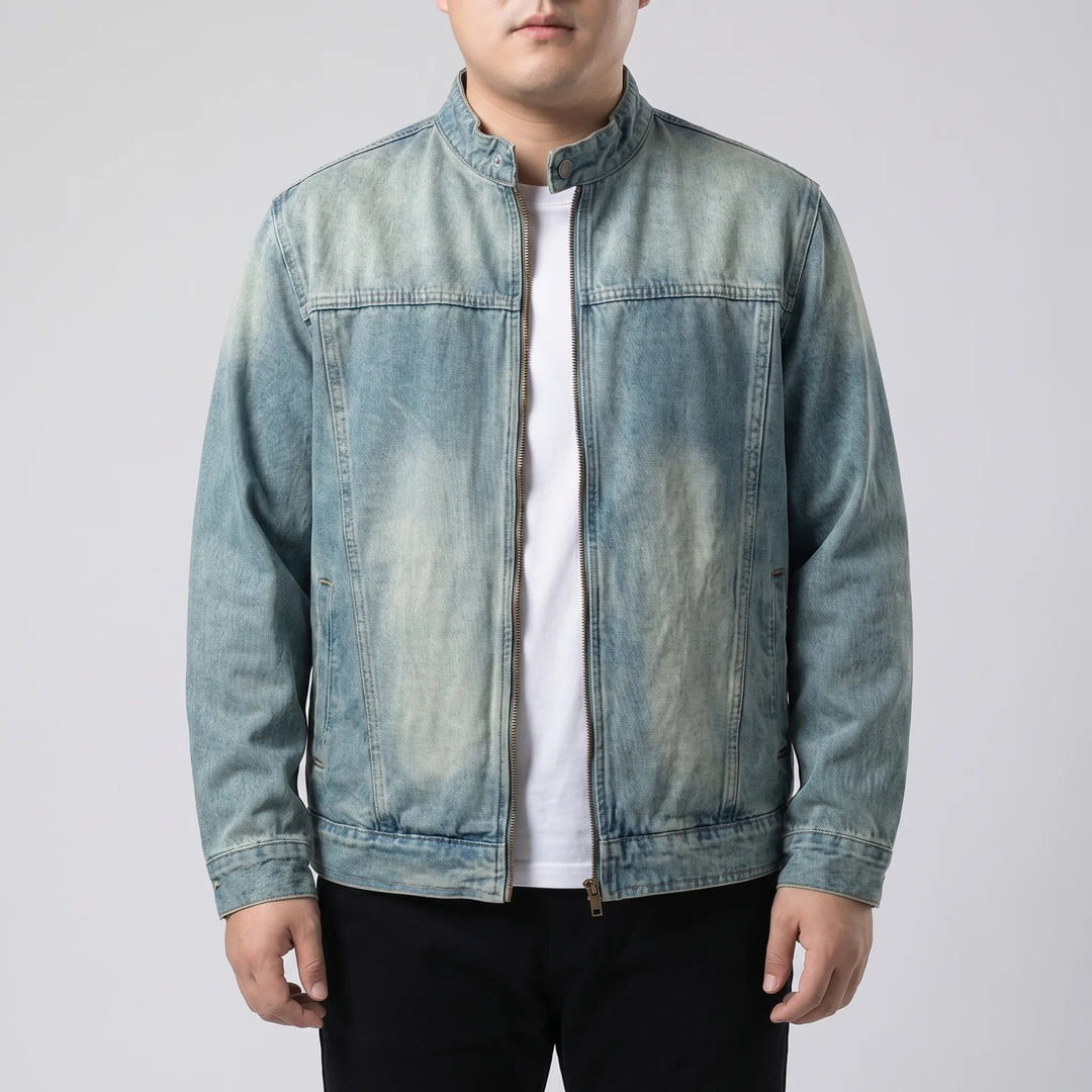Plus size men's loose fit zip-up denim jacket, a comfortable & stylish piece for casual streetwear.