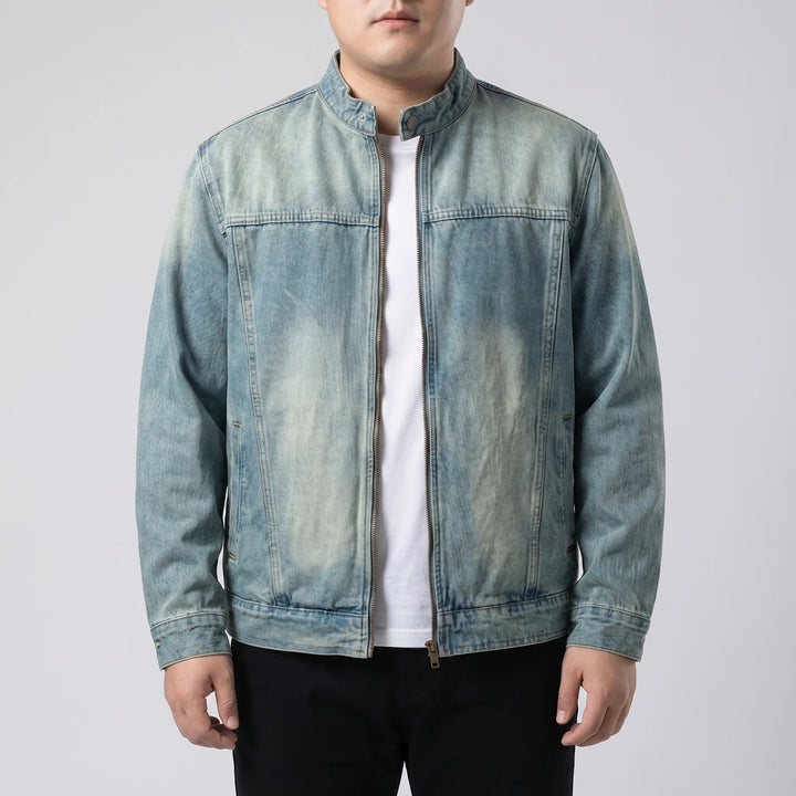 Plus size men's loose fit zip-up denim jacket, a comfortable & stylish piece for casual streetwear.