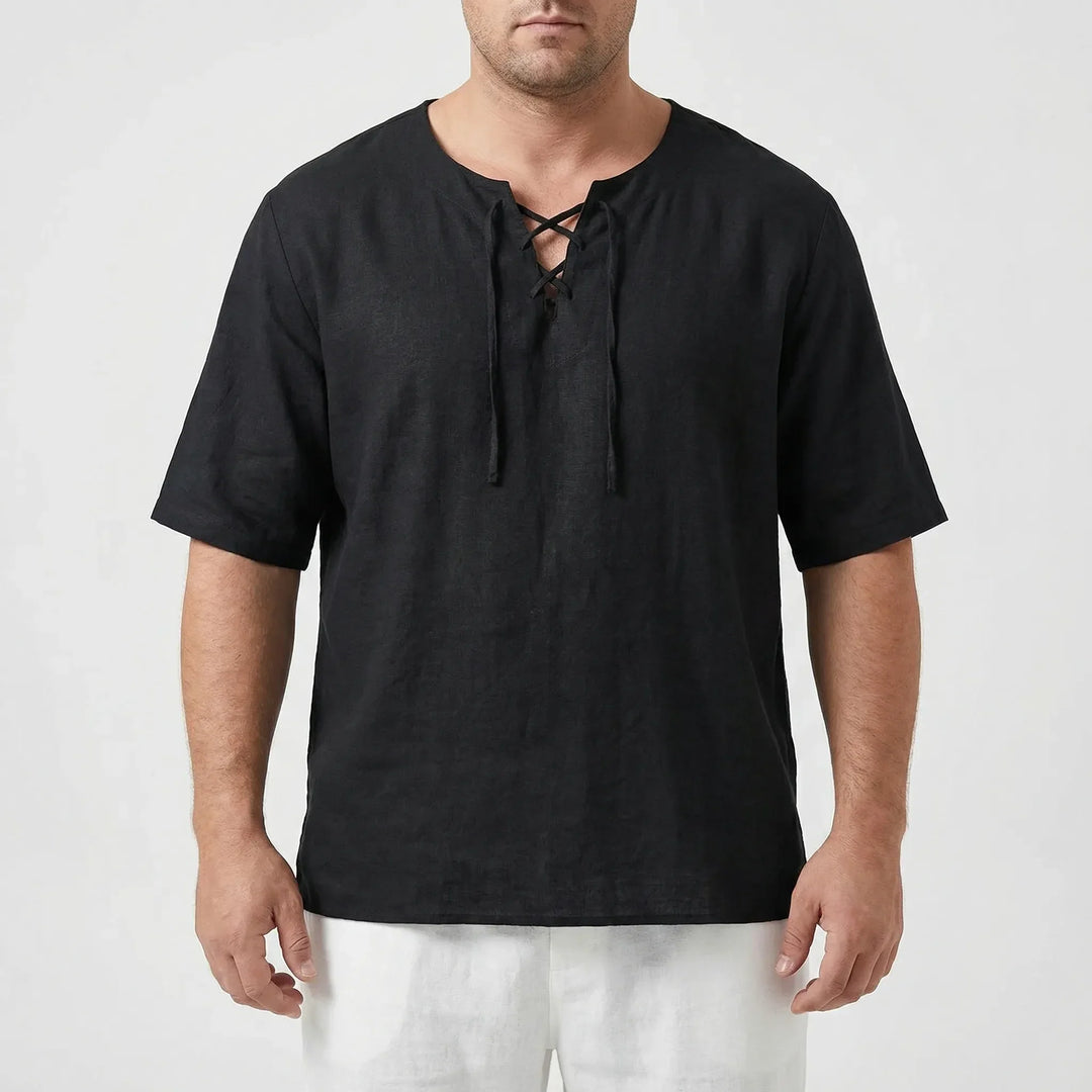 Casual men's half-sleeve V-neck lace-up top, relaxed fit for warm weather style.