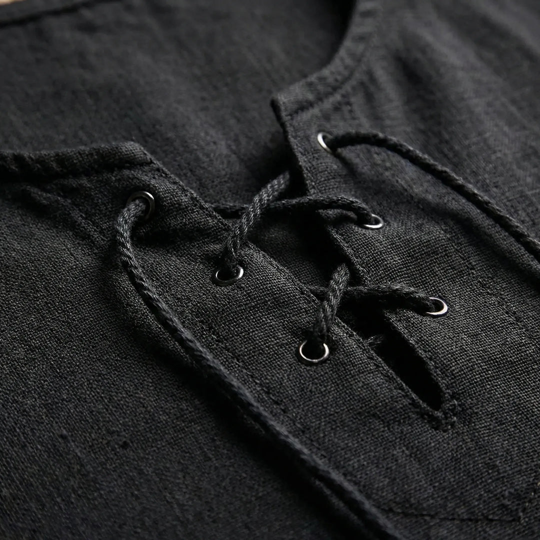 Relaxed fit men's V-neck lace-up pullover, a loose half-sleeve casual shirt.