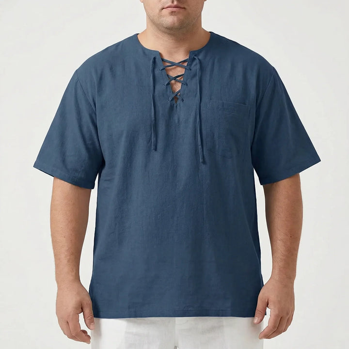 Summer men's loose V-neck lace-up top, solid color half-sleeve pullover.