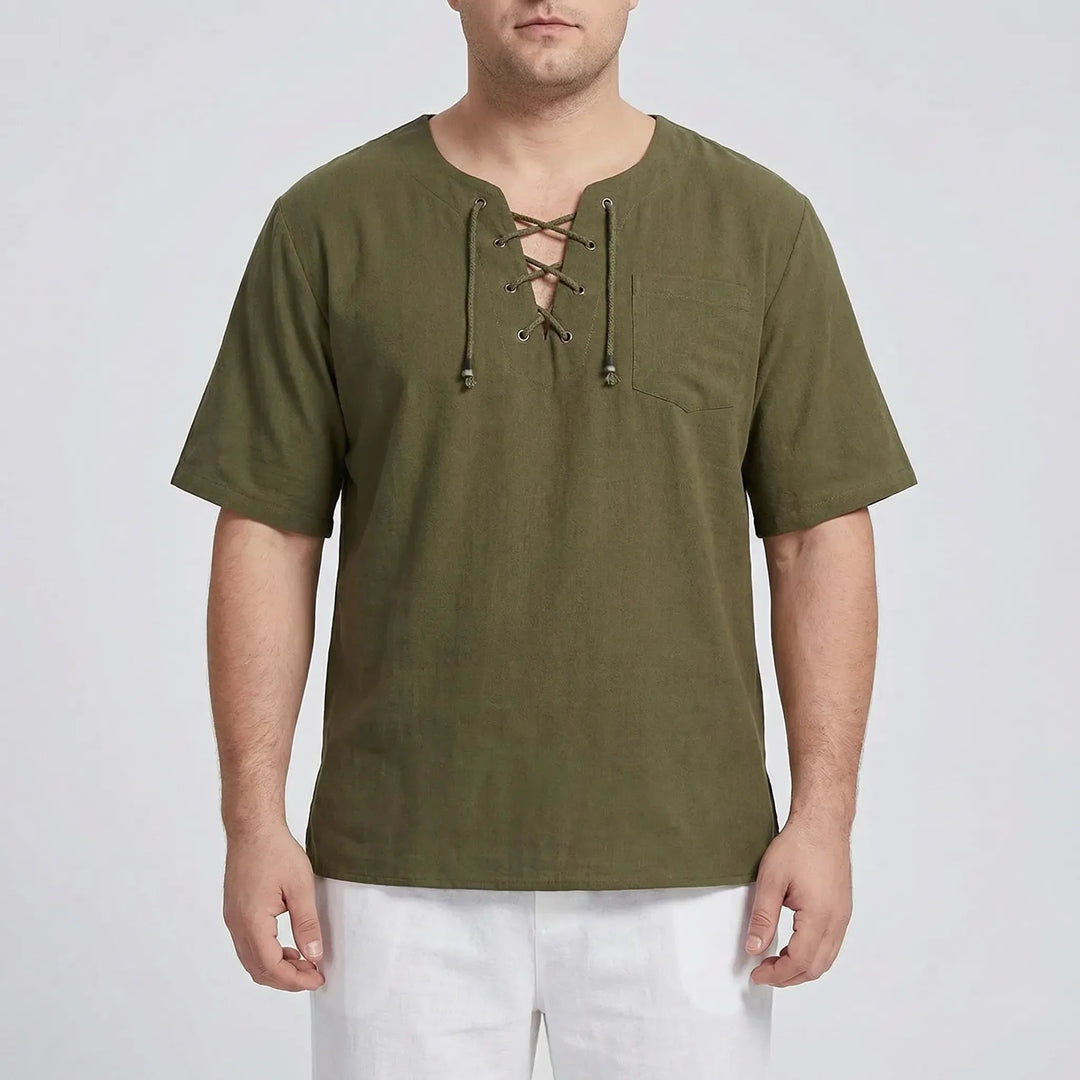 Comfortable men's loose V-neck top with lace-up detail, ideal for summer casual.