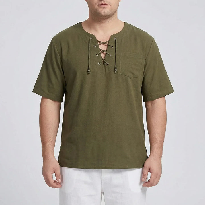 Comfortable men's loose V-neck top with lace-up detail, ideal for summer casual.