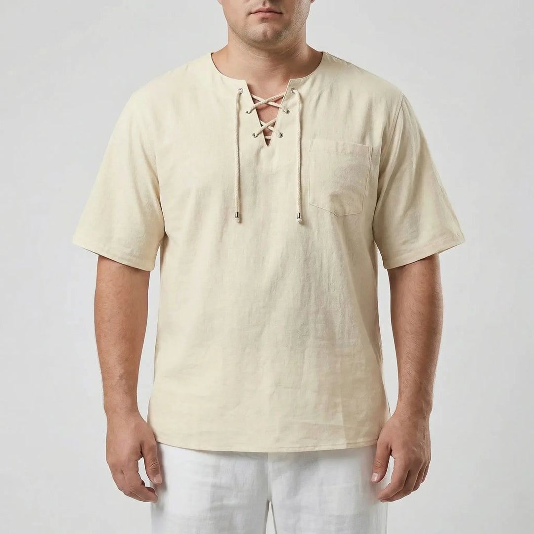 Plus size men's V-neck lace-up pullover, loose fit half-sleeve top for comfort.