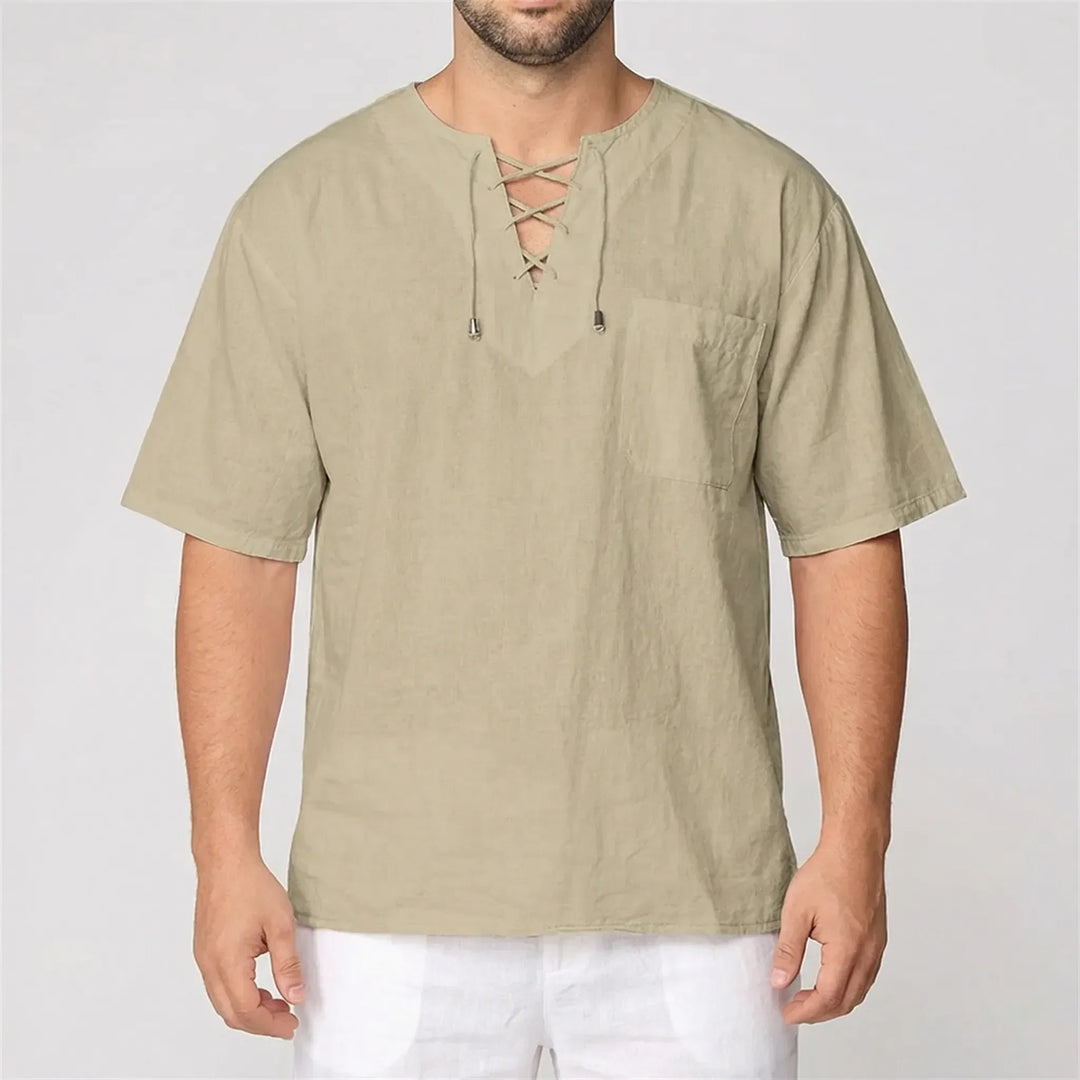 Stylish men's loose V-neck lace-up half-sleeve top, great casual summer wear.