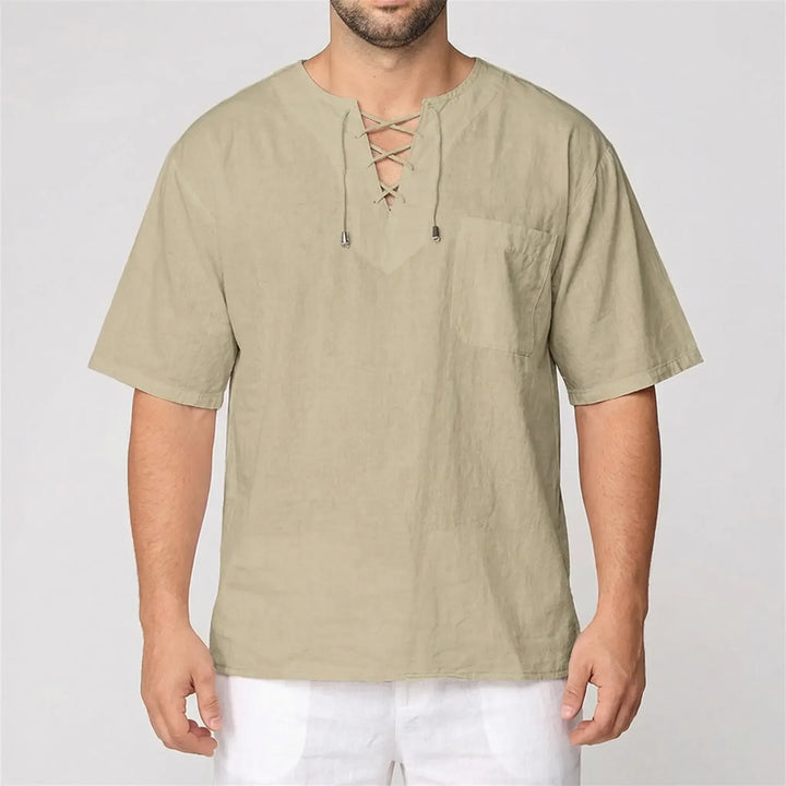 Stylish men's loose V-neck lace-up half-sleeve top, great casual summer wear.