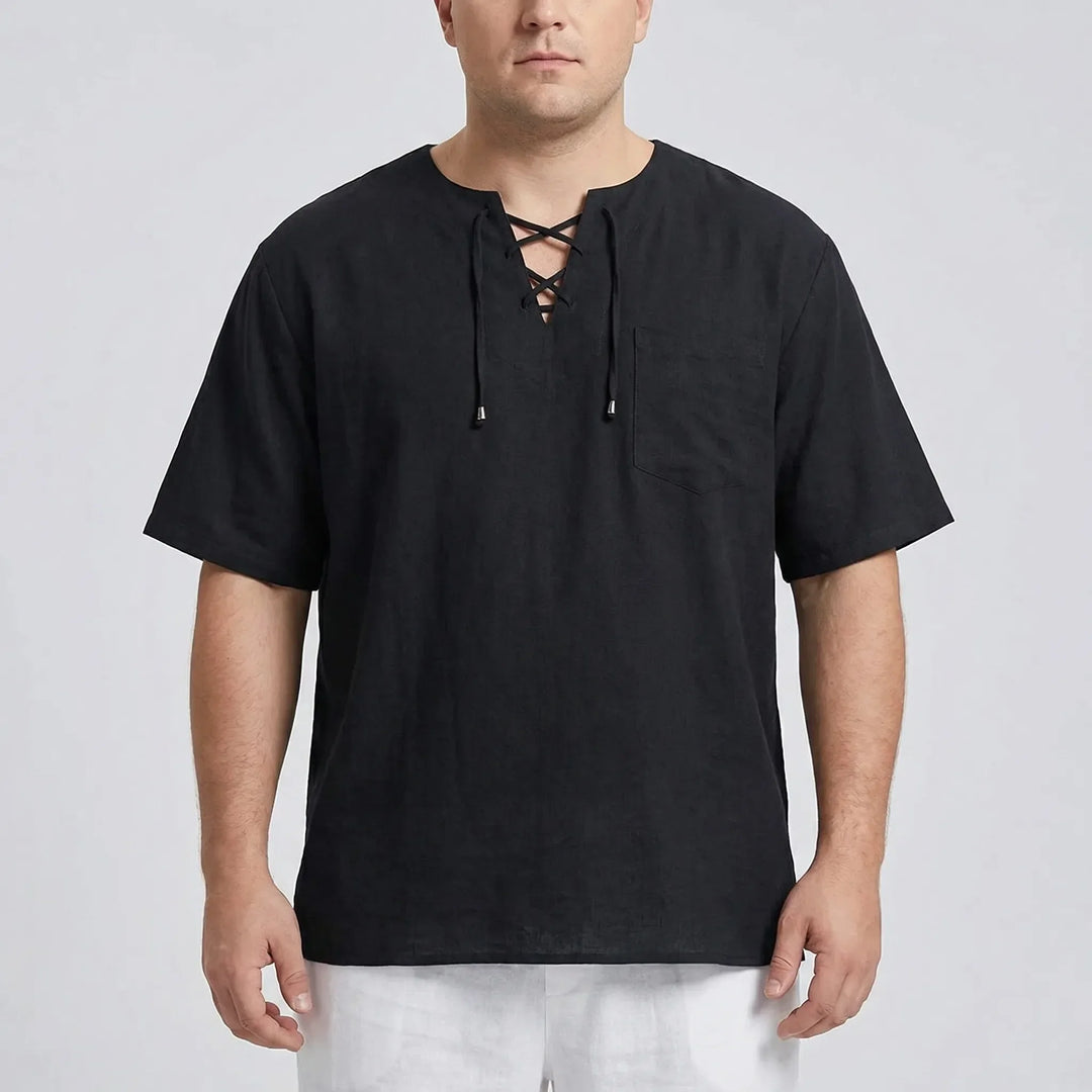 Men's relaxed fit solid color V-neck lace-up top, a comfy half-sleeve pullover.