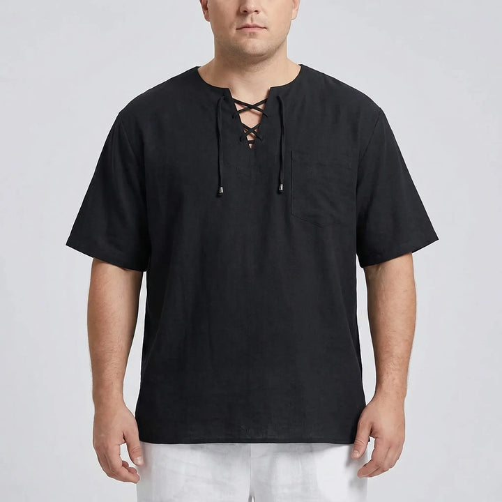 Men's relaxed fit solid color V-neck lace-up top, a comfy half-sleeve pullover.