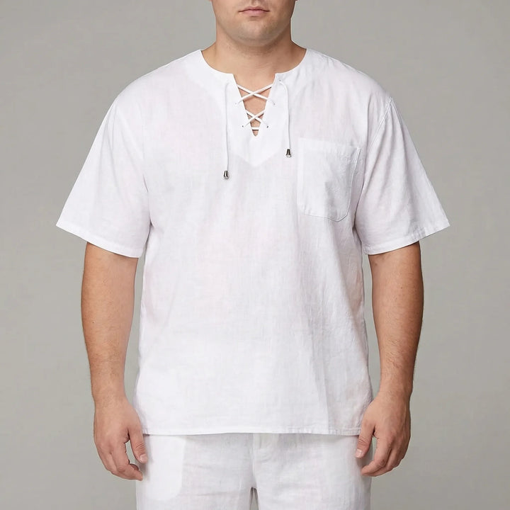 Loose men's V-neck lace-up top, casual half-sleeve pullover perfect for warm days.