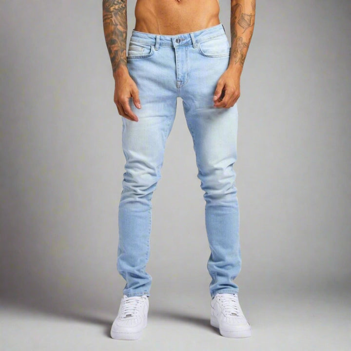 Close-up of men's Lorenzo stretch denim jeans, highlighting comfortable fabric for ultimate mobility.