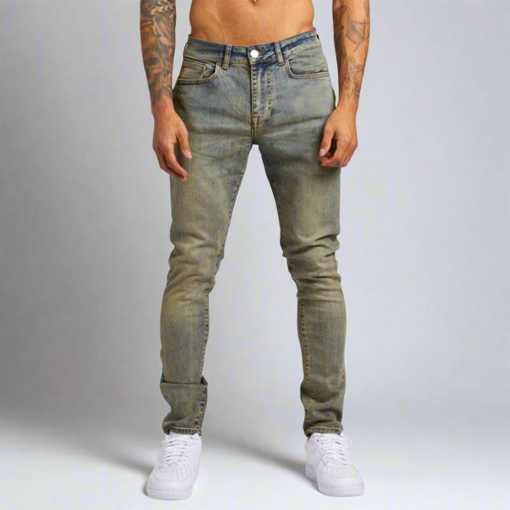 Dark blue men's Lorenzo jeans, premium denim offering comfort & a sleek look for any casual occasion.