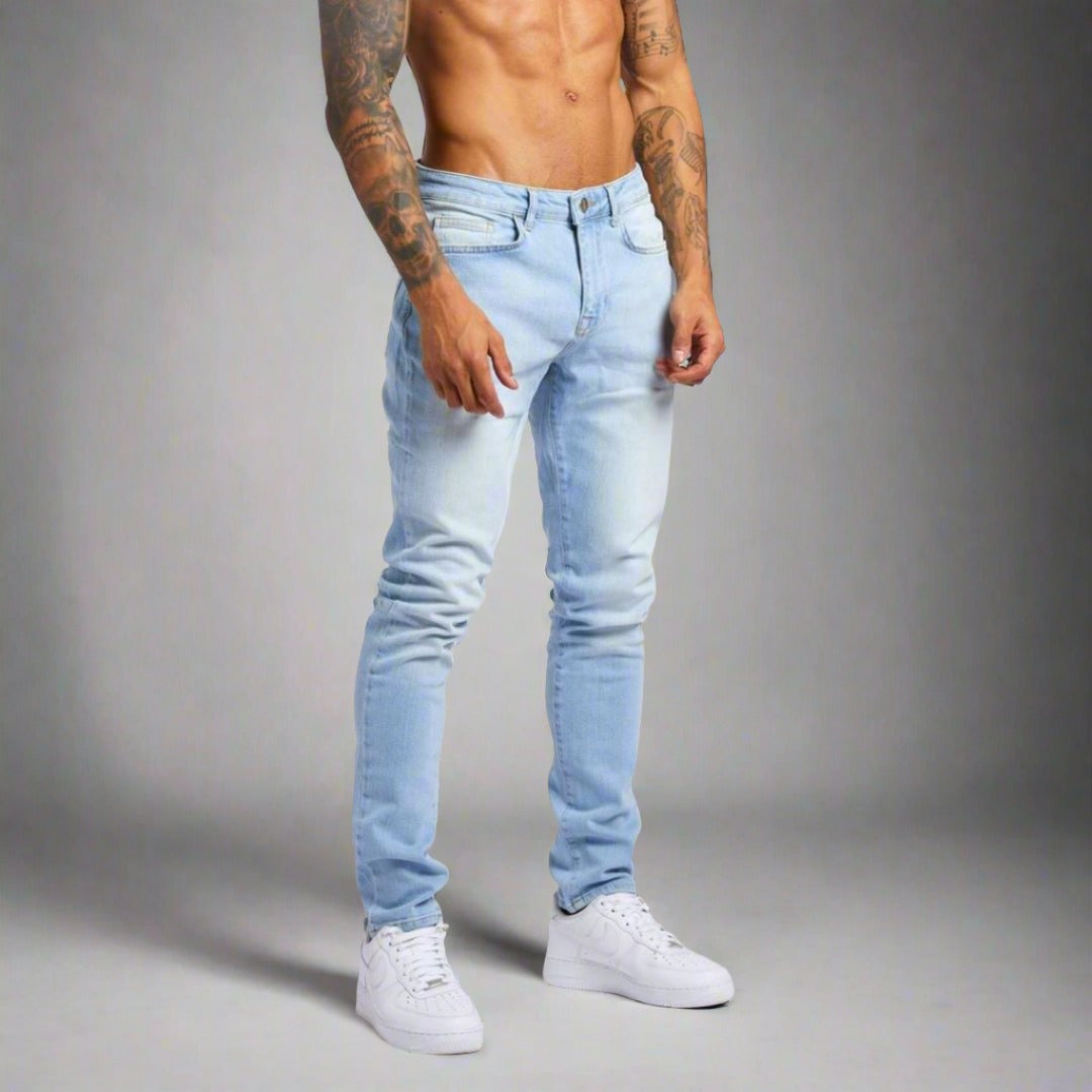 Gray men's Lorenzo stretch jeans, a versatile & comfortable denim option for contemporary casual style.