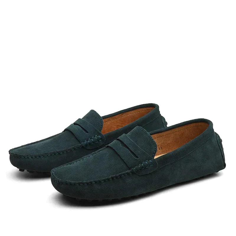 Stylish men's slip-on Italian suede loafers by Lorenzo, ideal for comfortable daily wear and travel.