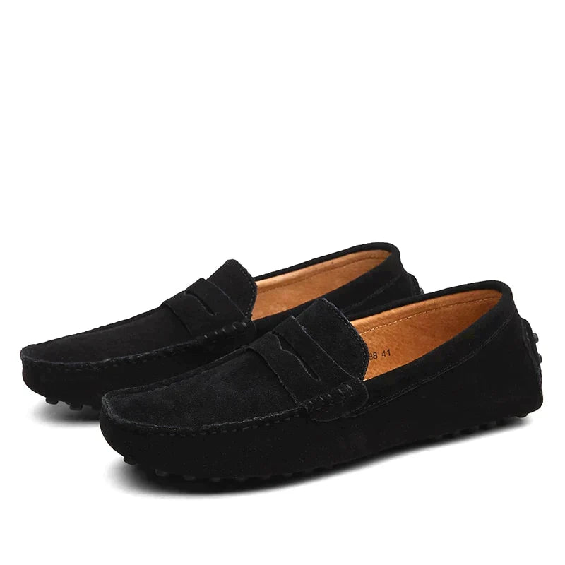 Classic men's Italian suede loafers by Lorenzo, designed for ultimate comfort and stylish travel wear.
