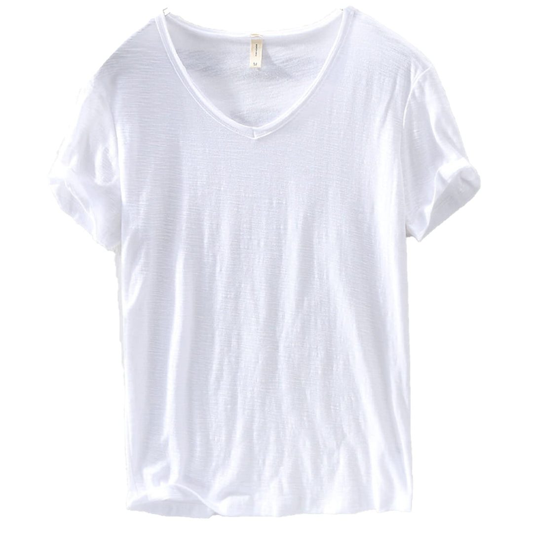 Men's Luca V-neck linen blend shirt in white, short sleeve, slim fit for summer casual wear