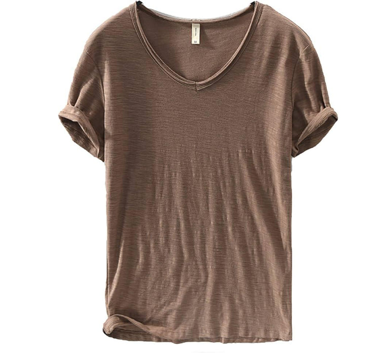 Stylish white V-neck linen blend shirt for men, breathable and lightweight, perfect for summer fashion