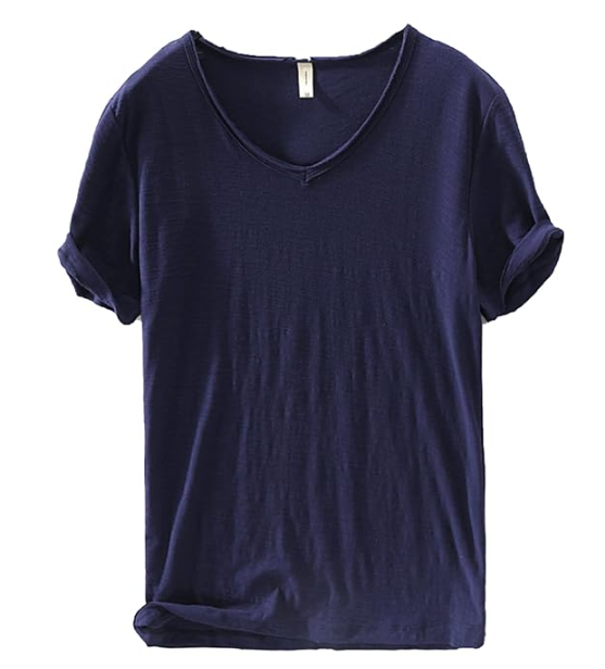 Back view of a white V-neck linen blend shirt for men, emphasizing its slim fit design