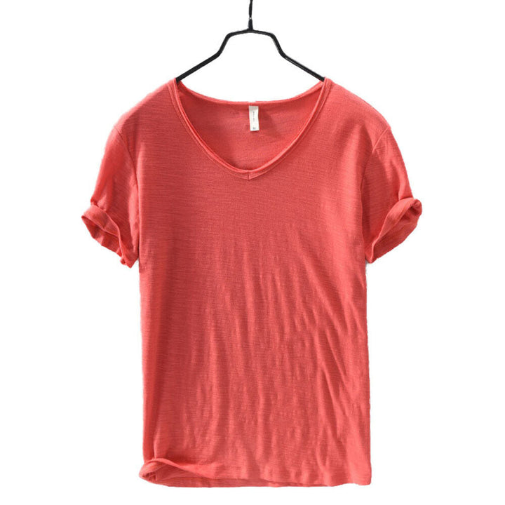 Men's apparel: white V-neck linen blend shirt, versatile and breathable for casual outings
