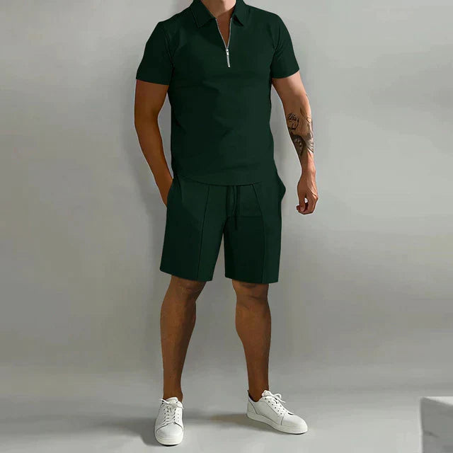 Comfy men's summer polo and shorts set. Breathable fabric ensures comfort for warm weather and casual outfits.