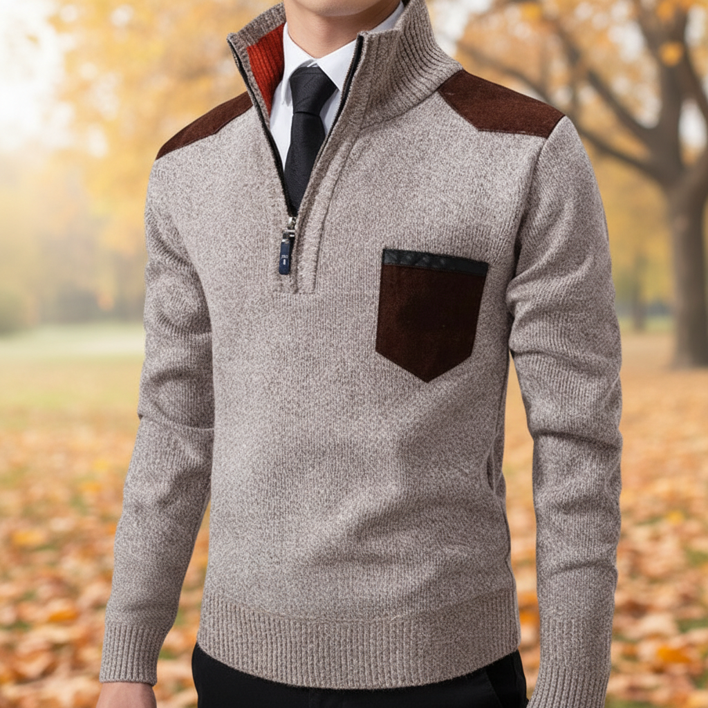 Men's luxurious beige cashmere quarter-zip jumper, perfect for elegant casual winter wear.