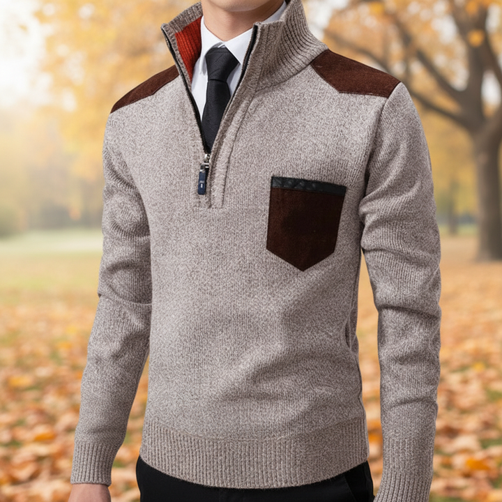 Men's luxurious beige cashmere quarter-zip jumper, perfect for elegant casual winter wear.