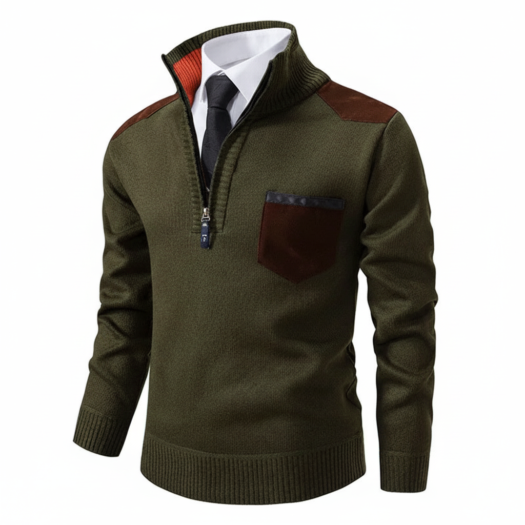 Vertical shot of a men's navy cashmere quarter-zip sweater, a staple for cold weather.