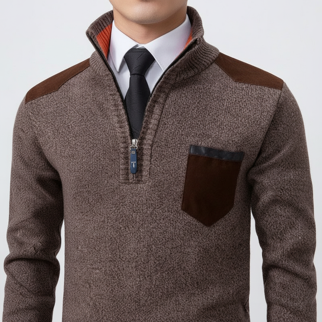 Elegant men's brown cashmere quarter-zip jumper, soft and warm for ultimate comfort.