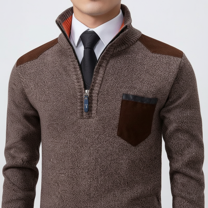 Elegant men's brown cashmere quarter-zip jumper, soft and warm for ultimate comfort.