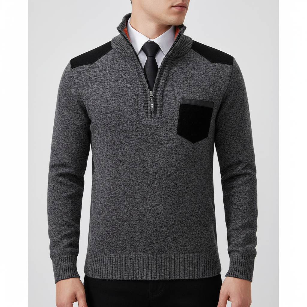 Zoom-in on the smooth zipper pull of a men's luxurious quarter-zip cashmere sweater.