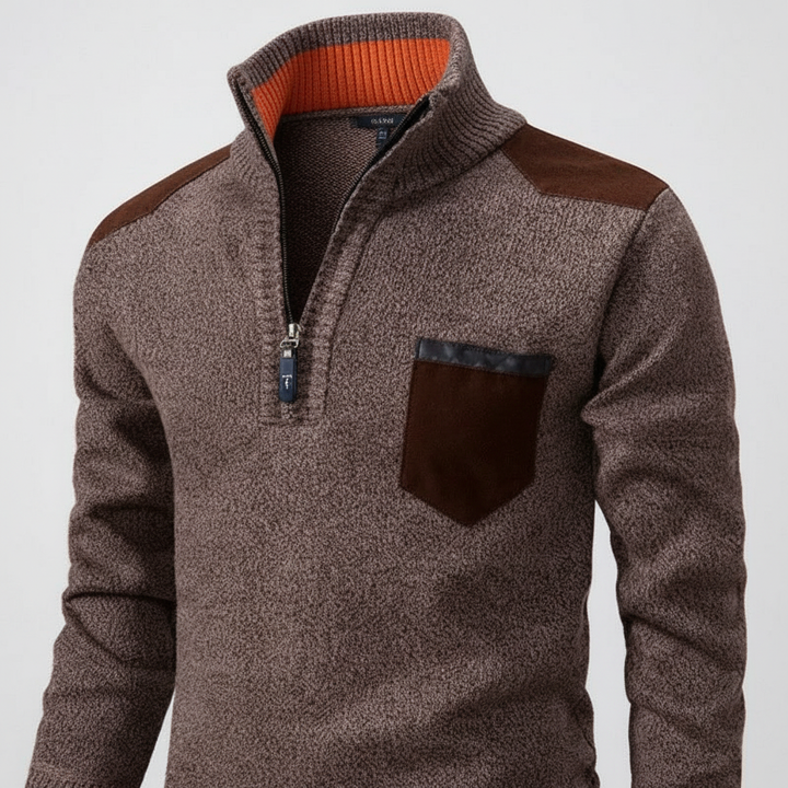 Men's white cashmere quarter-zip jumper, pristine luxury knitwear for winter fashion.