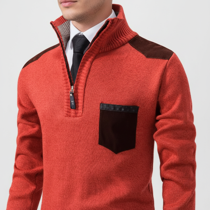 Overhead shot of a men's luxurious cashmere quarter-zip sweater, premium men's apparel.