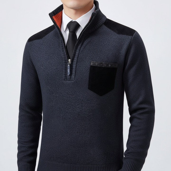 Back view of a men's comfortable cashmere quarter-zip jumper, ideal for winter warmth.