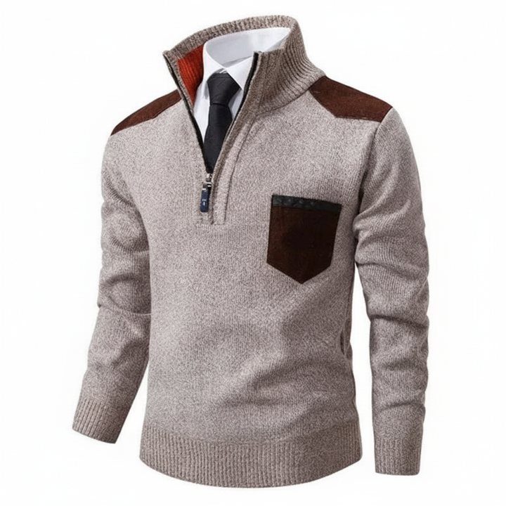 Warm men's Emil cashmere quarter-zip sweater in classic grey, ideal for winter comfort.