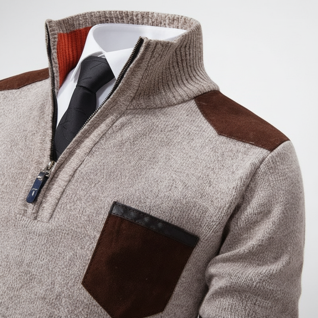 Navy men's luxury knitwear quarter-zip jumper, a soft and warm cashmere sweater.