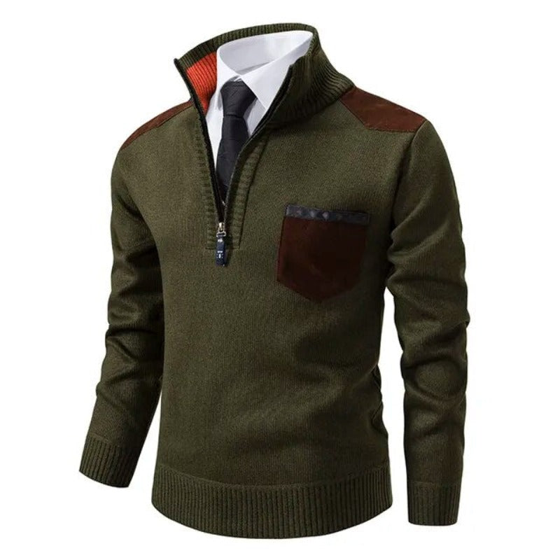 Stylish dark green men's cashmere quarter-zip sweater, offering warmth and elegance.