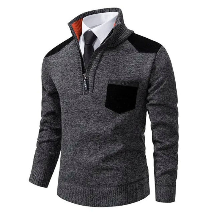 Side profile of a comfortable men's cashmere quarter-zip sweater, warm winter fashion.