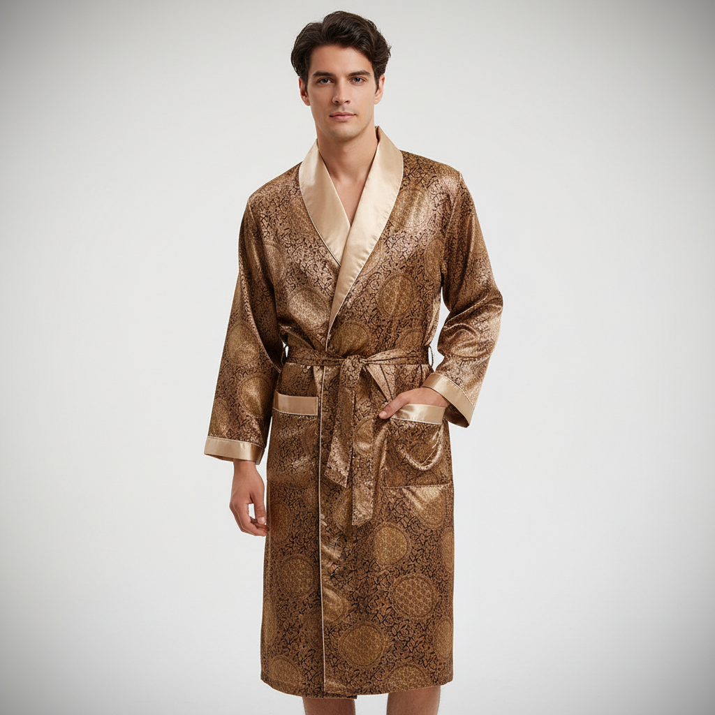 Men's luxurious black satin bathrobe with intricate gold pattern and sash, ideal for loungewear.