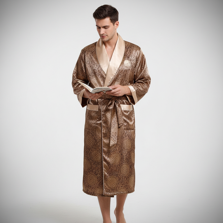 Stylish men's gold pattern satin robe, a comfortable and elegant gift for men's fashion and relaxation.