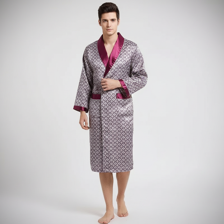Sophisticated men's black satin bathrobe 'Marius' with a lavish gold print, perfect for morning or evening.