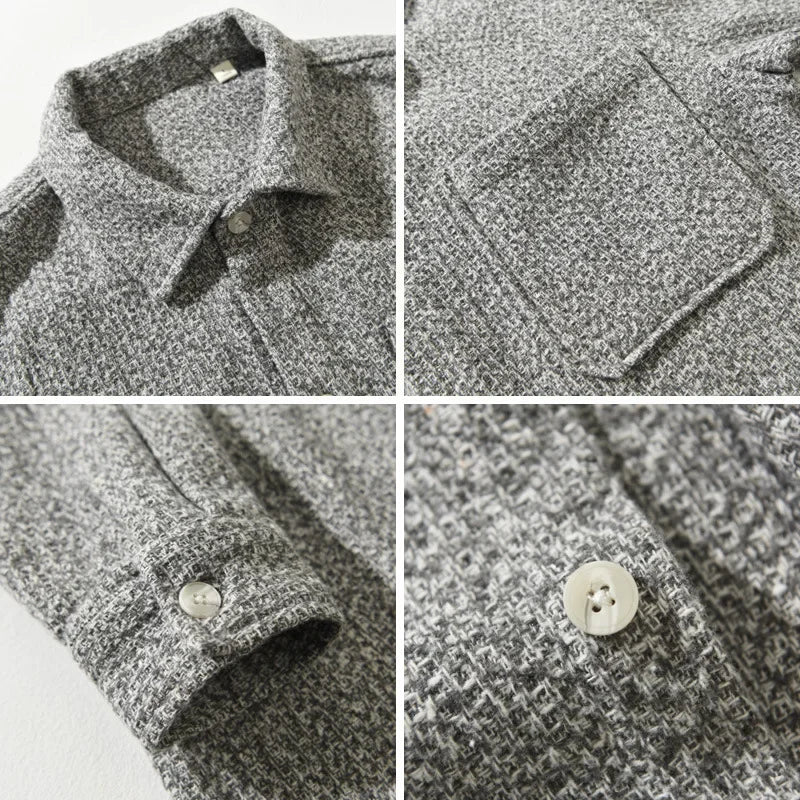 Versatile men's boucle overshirt. Textured knit, comfortable long-sleeve button-down. Great for casual to smart looks.