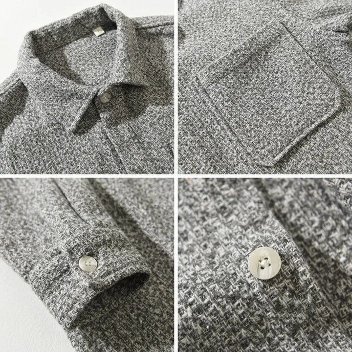 Versatile men's boucle overshirt. Textured knit, comfortable long-sleeve button-down. Great for casual to smart looks.