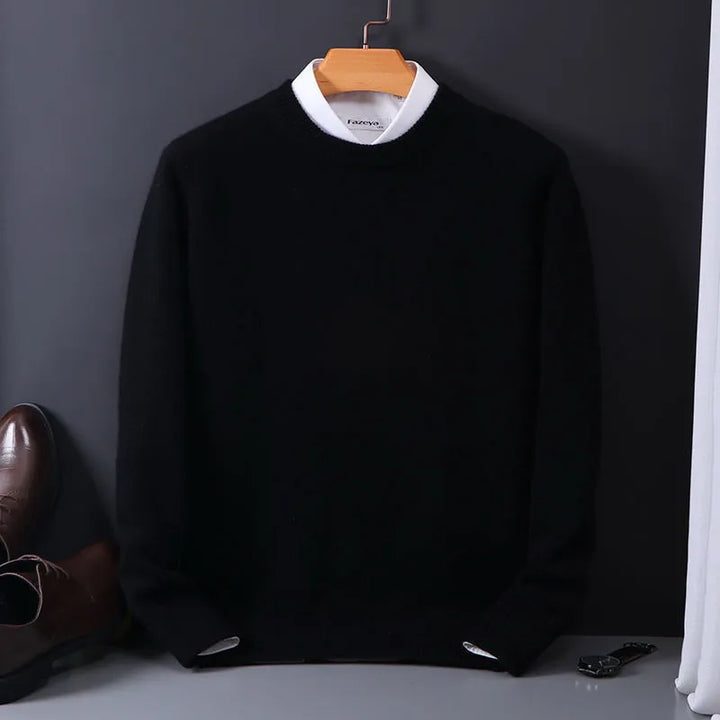 Men's luxurious crew neck pullover sweater in premium comfort knit, ideal for elegant smart casual style.
