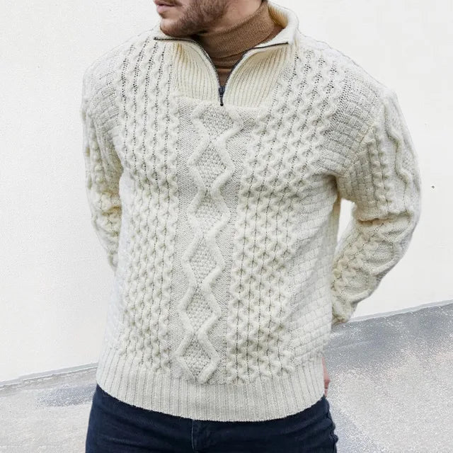 Premium men's long-sleeve luxury knit pullover sweater, essential comfortable apparel for elegant fashion.