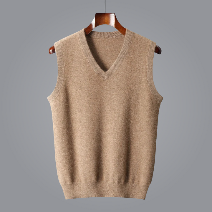 Men's luxurious soft cashmere V-neck vest, tailored fit for premium comfort and style.