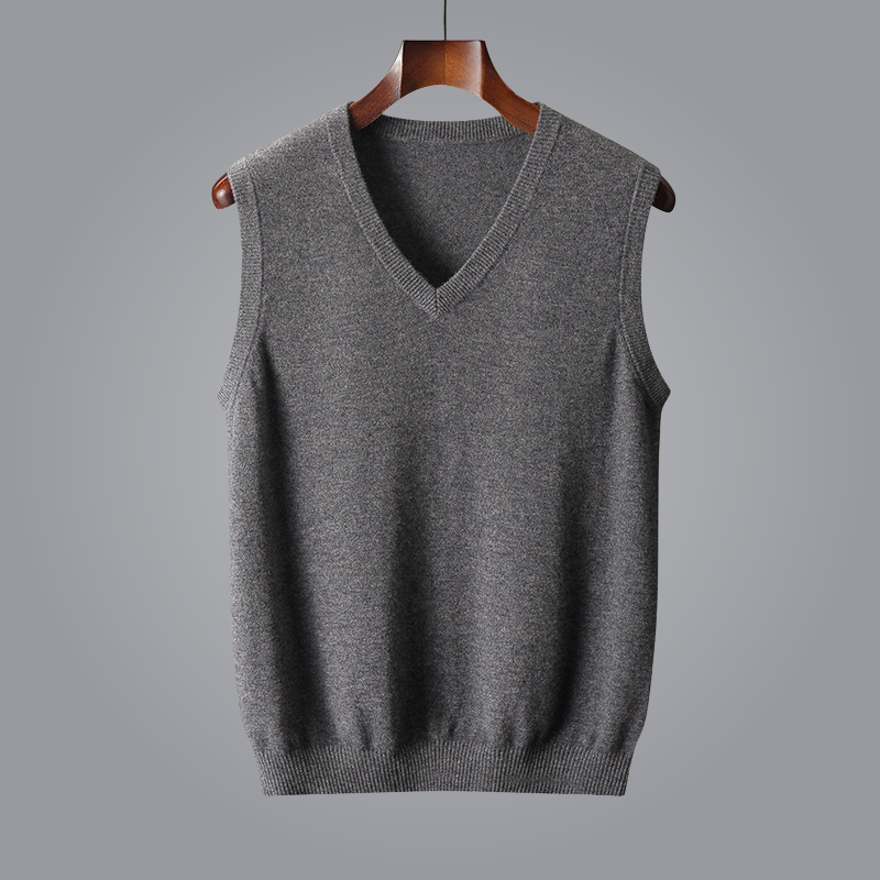 Comfortable men's luxury cashmere V-neck vest, a soft tailored knit for easy layering.