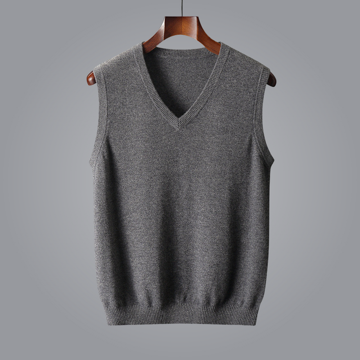 Comfortable men's luxury cashmere V-neck vest, a soft tailored knit for easy layering.