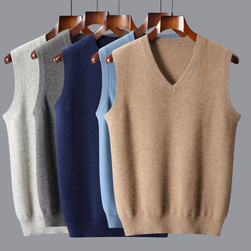 Refined men's tailored V-neck cashmere vest, a soft premium sleeveless luxury knit for any outfit.