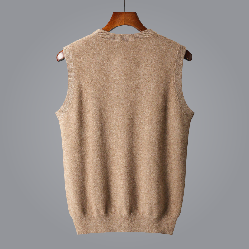 Tailored fit men's cashmere V-neck vest, exceptionally soft luxury knit for elegant layering.