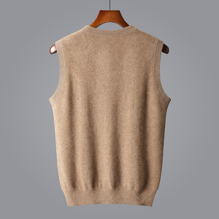 Tailored fit men's cashmere V-neck vest, exceptionally soft luxury knit for elegant layering.
